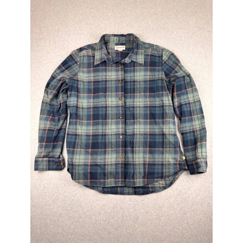 Carhartt Womens Plaid Flannel Shirt Blue L 12/14 Cabincore Gorpcore Cottagecore